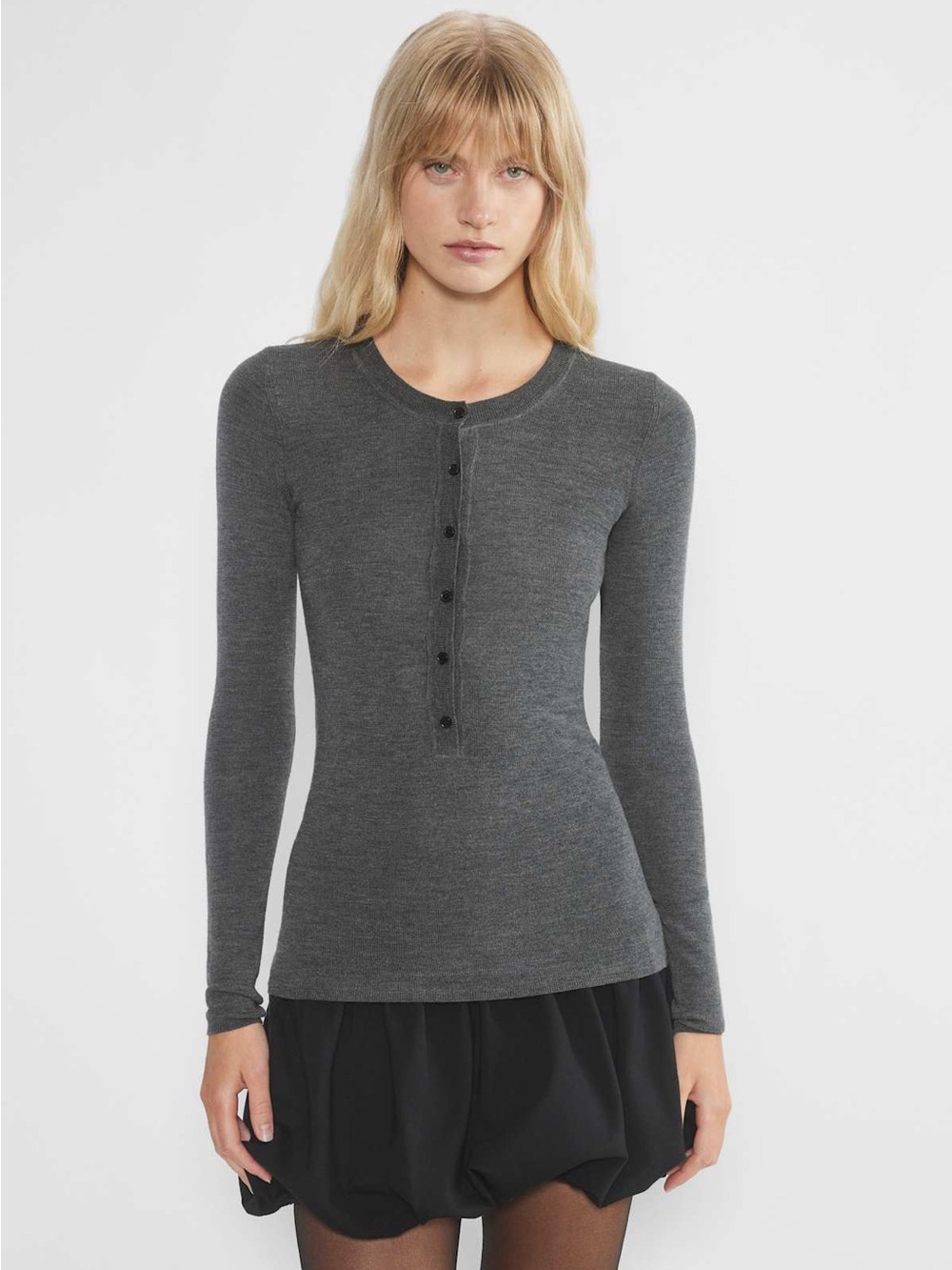 Wilfred Merino Charcoal Gray Long-Sleeve Henley Sweater Minimalist Old Money L